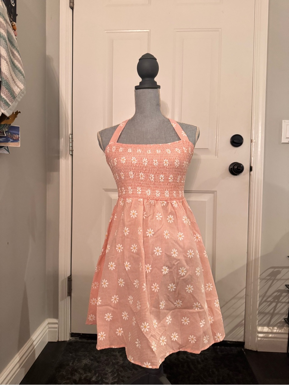 SHEIN Pink Daisy Gingham Halter Mini Dress